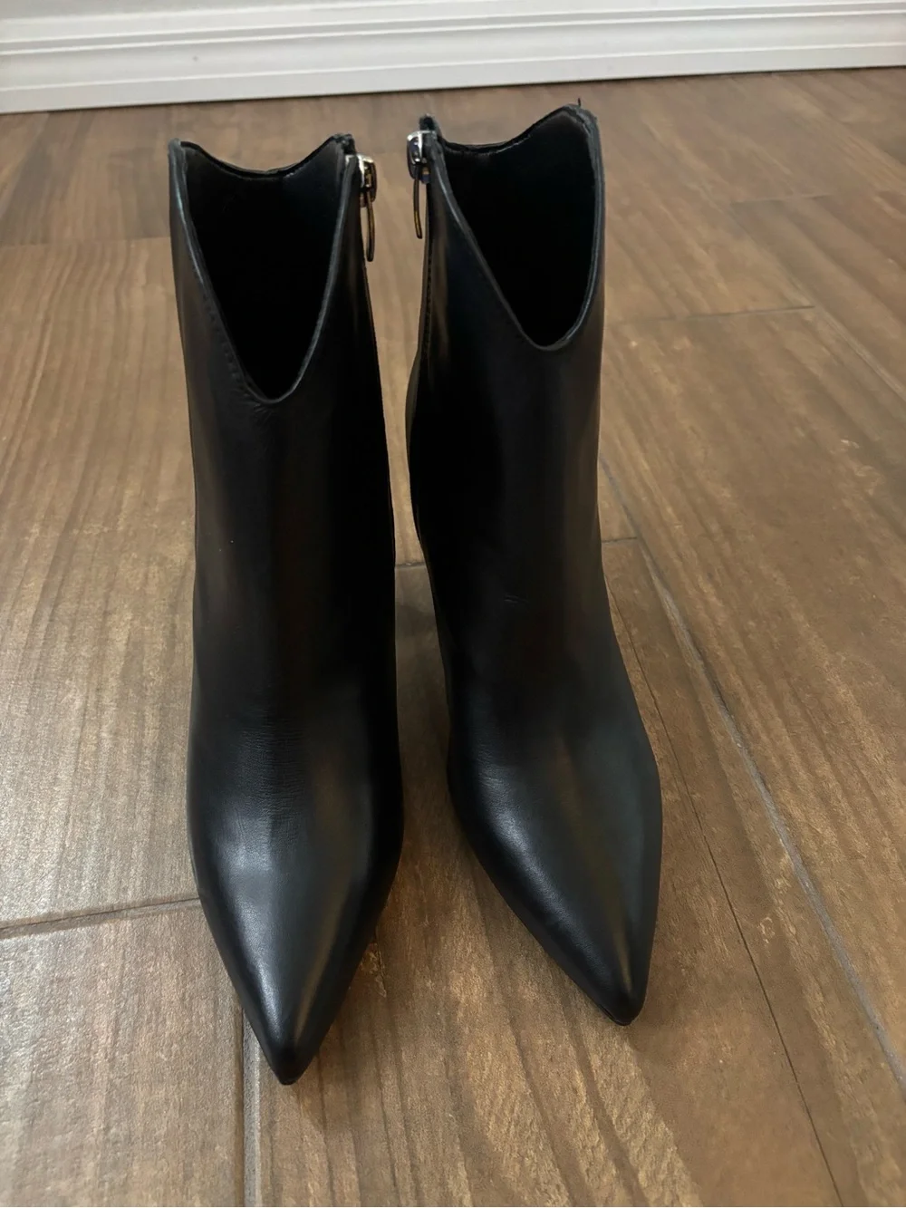 Nine West GHOST Black Leather Pointed Toe Ankle Boot Bootie Block Heel